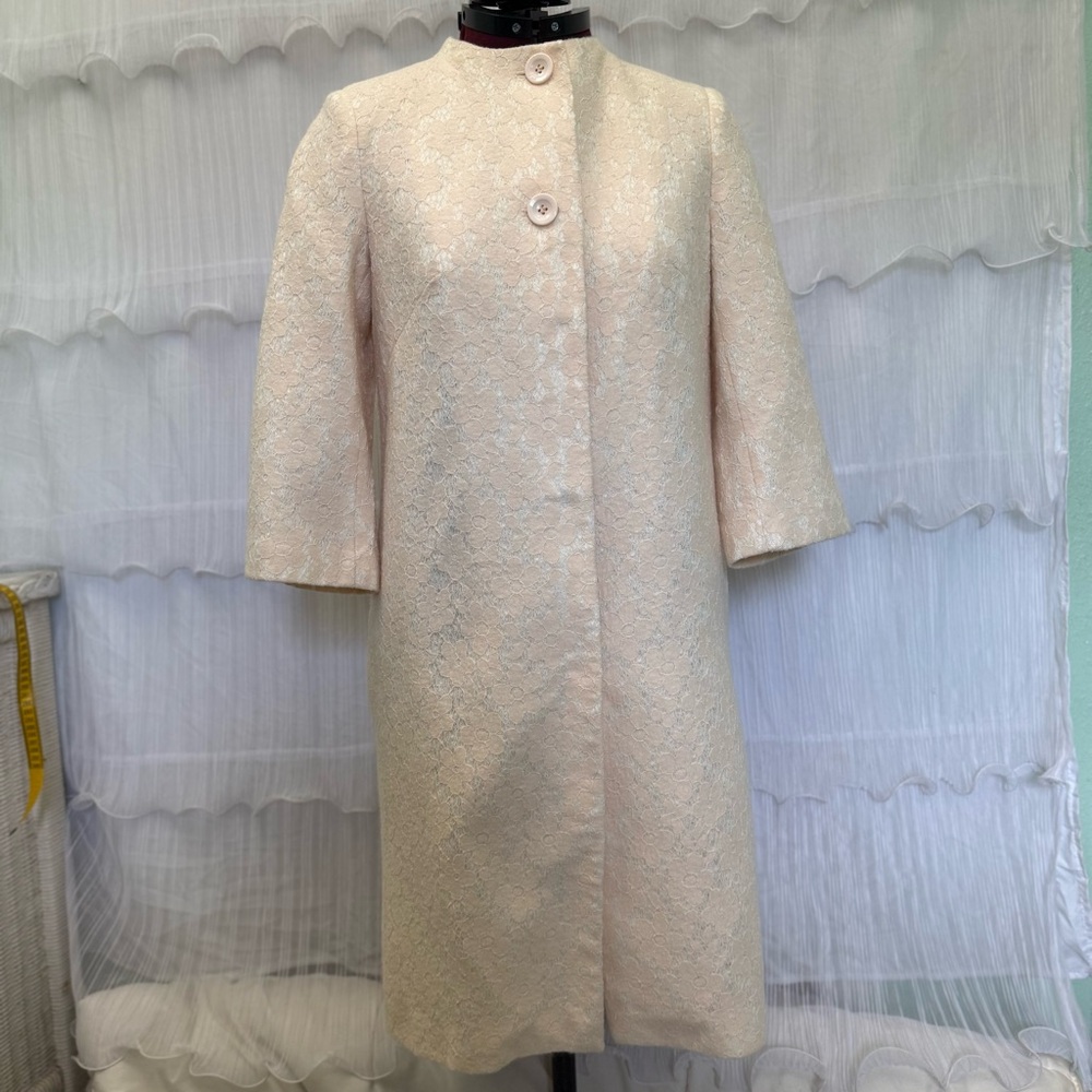 Sabrina Scala Lace Brocade Overlay Dress Coat XS Pink 60’s Style Coquette